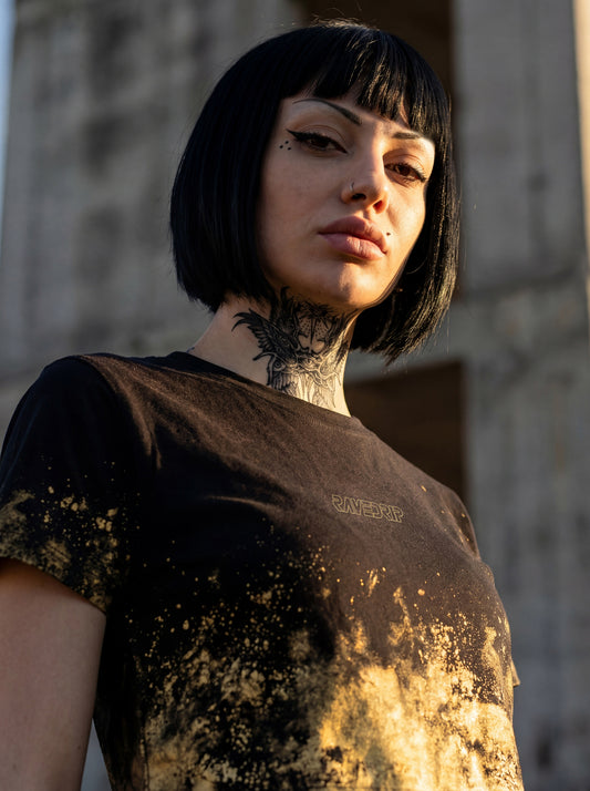 RAVEDRIP Black Crop Tee with Distressed Gold Print, Grunge Streetwear Top