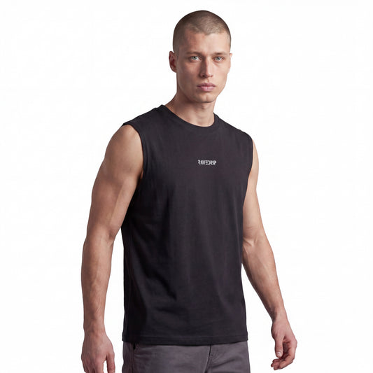 muscle tank top with RAVEDRIP logo sleeveless athletic streetwear shirt front side on a male model