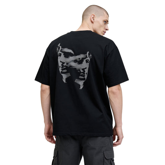 oversized streetwear t shirt with dual portrait back graphic on a male model
