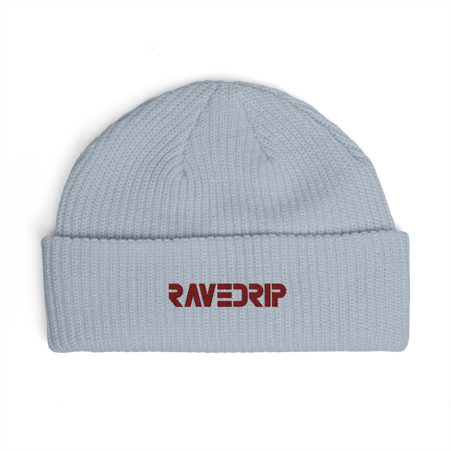 ravedrip embroidered beanie hat cuffed ribbed knit streetwear cap front view flat lay