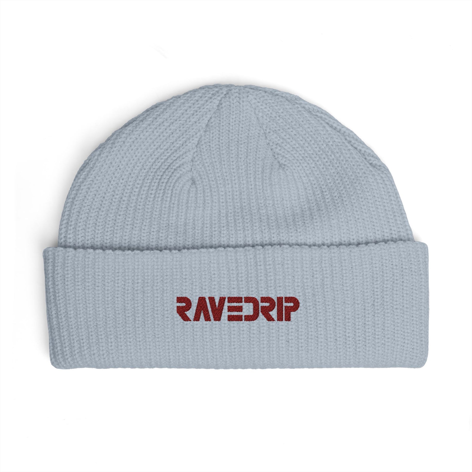 ravedrip embroidered beanie hat cuffed ribbed knit streetwear cap front view flat lay