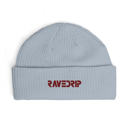 ravedrip embroidered beanie hat cuffed ribbed knit streetwear cap front view flat lay