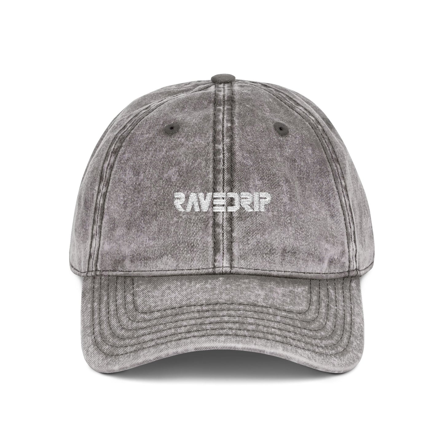 ravedrip vintage denim cap charcoal grey embroidered streetwear hat front view flat lay