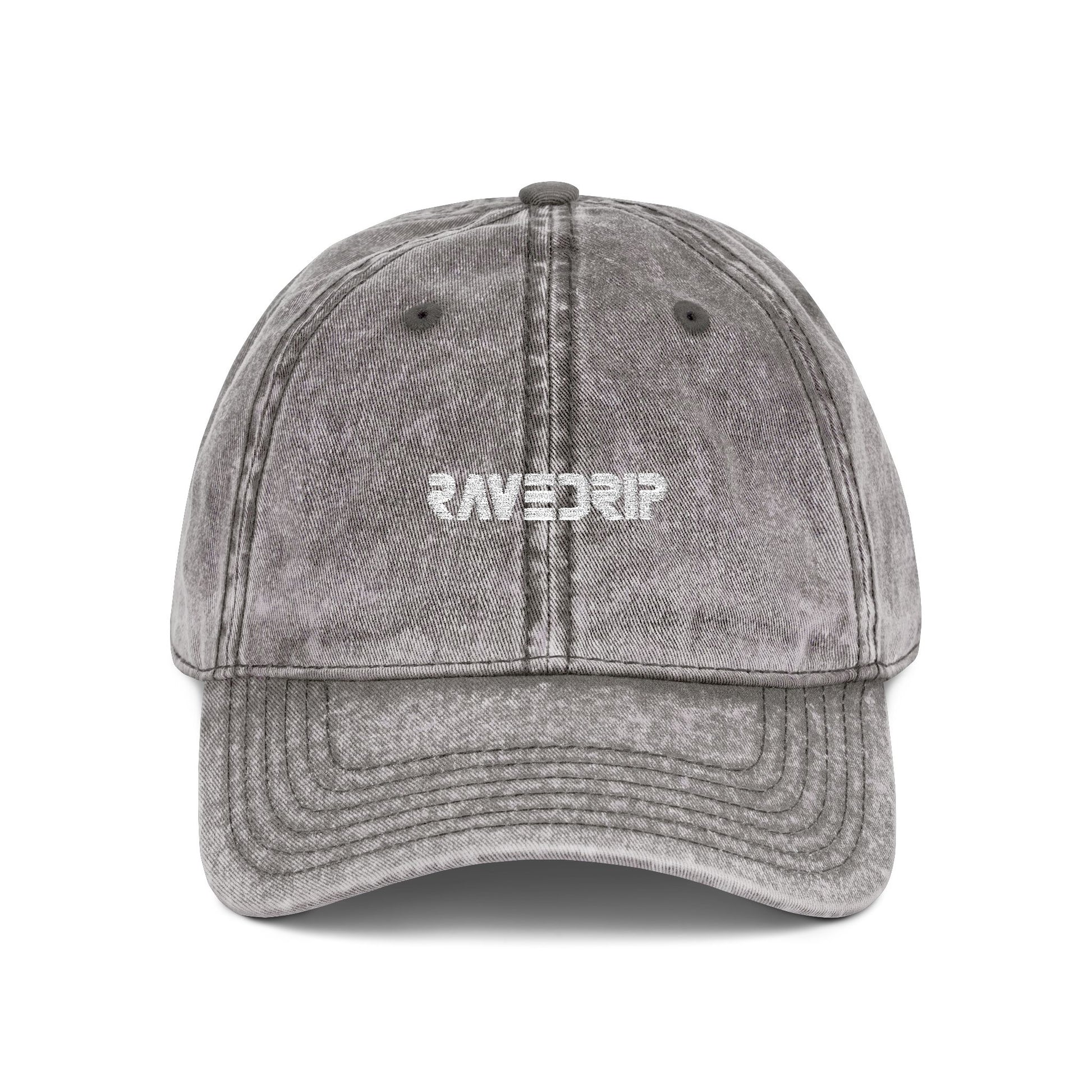 ravedrip vintage denim cap charcoal grey embroidered streetwear hat front view flat lay