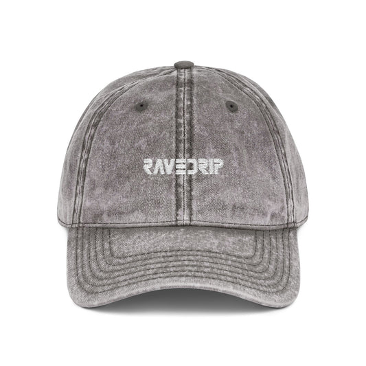 ravedrip vintage denim cap charcoal grey embroidered streetwear hat front view flat lay