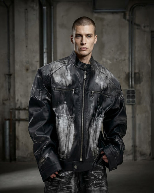 Chrome Distressed Vegan Leather Biker Jacket